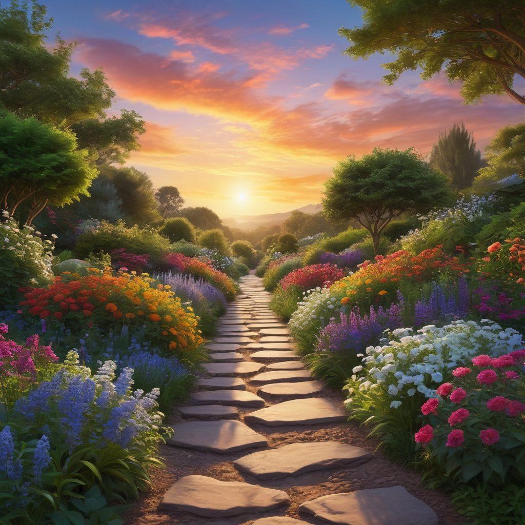 A serene landscape depicting a sunrise over a tranquil path leading through a lush garden, symbolizing hope and renewal. Include a figure walking confidently, showcasing resilience, with vibrant flowers blooming alongside the path. The sky should transition from night to day, representing the journey from diagnosis to survivorship. super-realistic. vibrant colors. peaceful atmosphere.