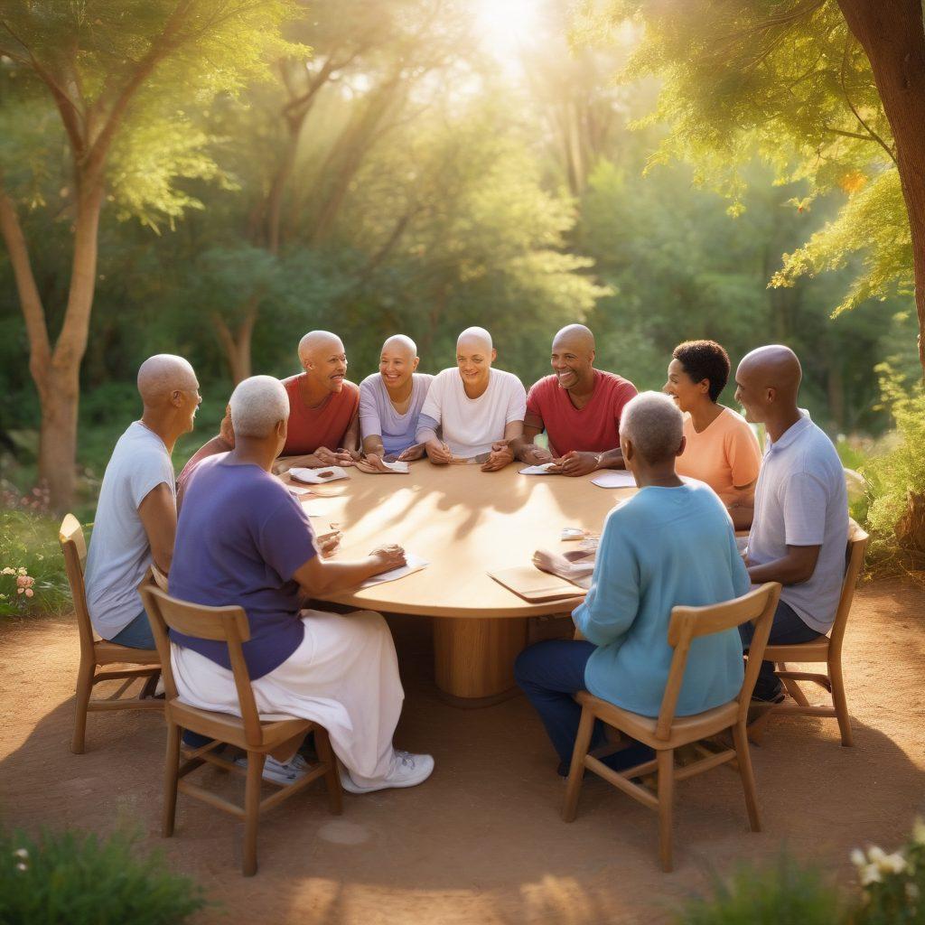 A warm and inviting scene depicting a diverse group of cancer patients and their families sitting in a circle, sharing stories and laughter, surrounded by nature. Include supportive gestures like hugs and hand-holding, emphasizing community strength. Soft sunlight filtering through trees, creating a hopeful aura. Style: super-realistic, vibrant colors, serene background.
